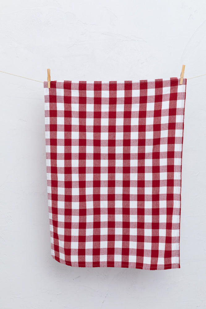 CHECKMATE TEA TOWEL - BERRY/WHITE